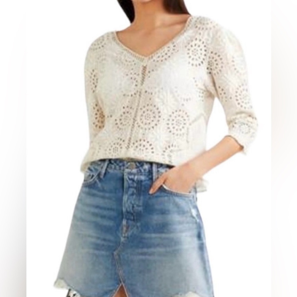 Loveshackfancy NWT Ivory eyelet lace v-neck blouse 100% cotton Large